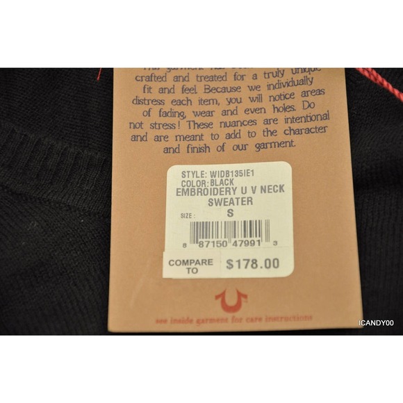 True Religion Embroidery U V-Neck Cotton/Cashmere Sweater Black XS Nwt $178 - Picture 8 of 8